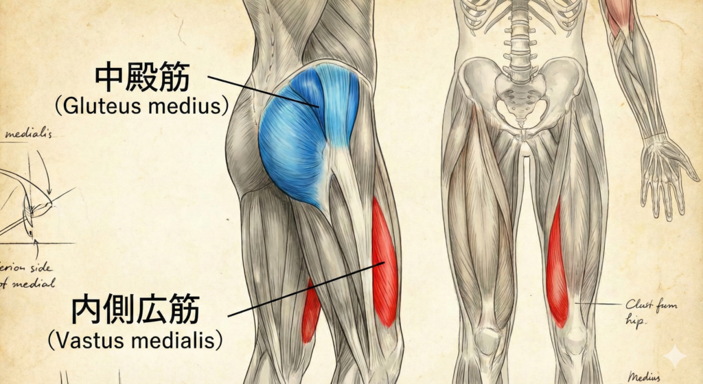 内側広筋と中殿筋の場所を表している