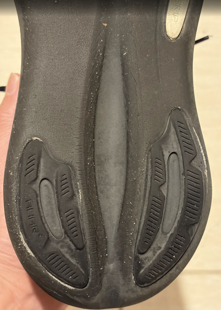50km走行後のアウトソールの摩耗具合のアップ