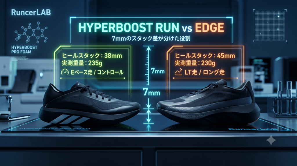 【実走レビュー】2足比較adidas ハイパーブーストエッジ vs ラン：実測5g差・スタック7mm差が週110kmの練習をどう分けたか