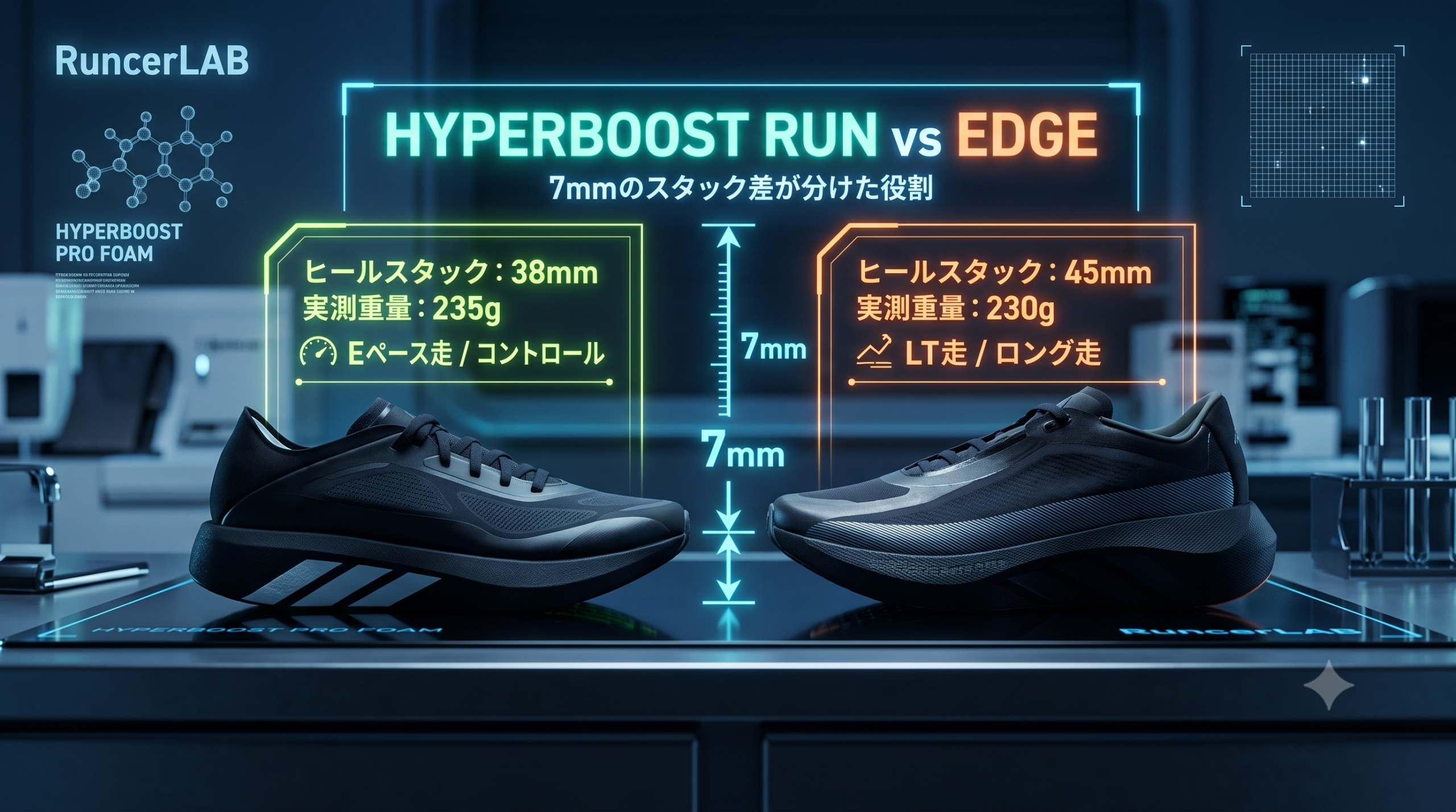 【実走レビュー】2足比較adidas ハイパーブーストエッジ vs ラン：実測5g差・スタック7mm差が週110kmの練習をどう分けたか