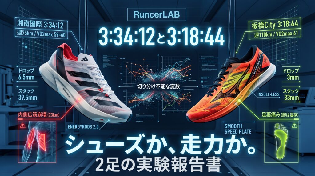 【42km比較】Adios Pro 4 vs Hyper Warp Pure：3:34:12と3:18:44を分けたのは、シューズか走力か