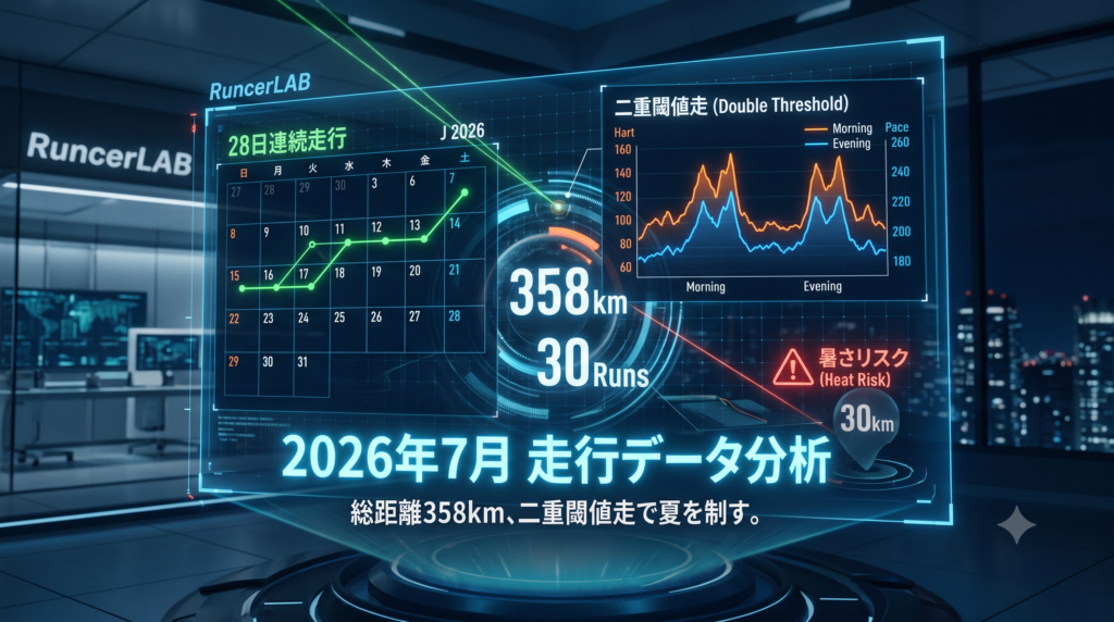 2026年7月の走行結果：358km・28日連続——炎天下の30km走を捨て、人生初の二重閾値走に賭けた月