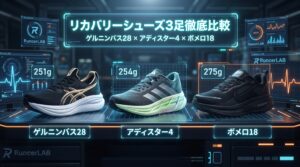 【3足比較】ゲルニンバス28 vs ボメロ18 vs アディスター4：計1,169km走って分かった「リカバリー3足」の境界線