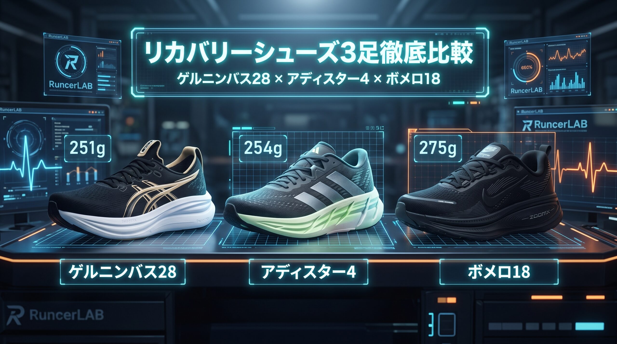 【3足比較】ゲルニンバス28 vs ボメロ18 vs アディスター4:計1,169km走って分かった「リカバリー3足」の境界線