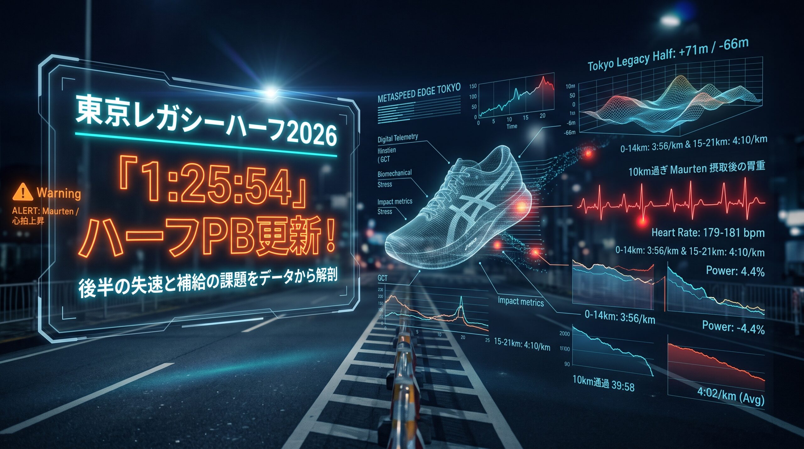 東京レガシーハーフ1:25:54でPB更新。前半10kmの余裕と、Maurten後の胃もたれが示した湘南国際サブ3への最大課題