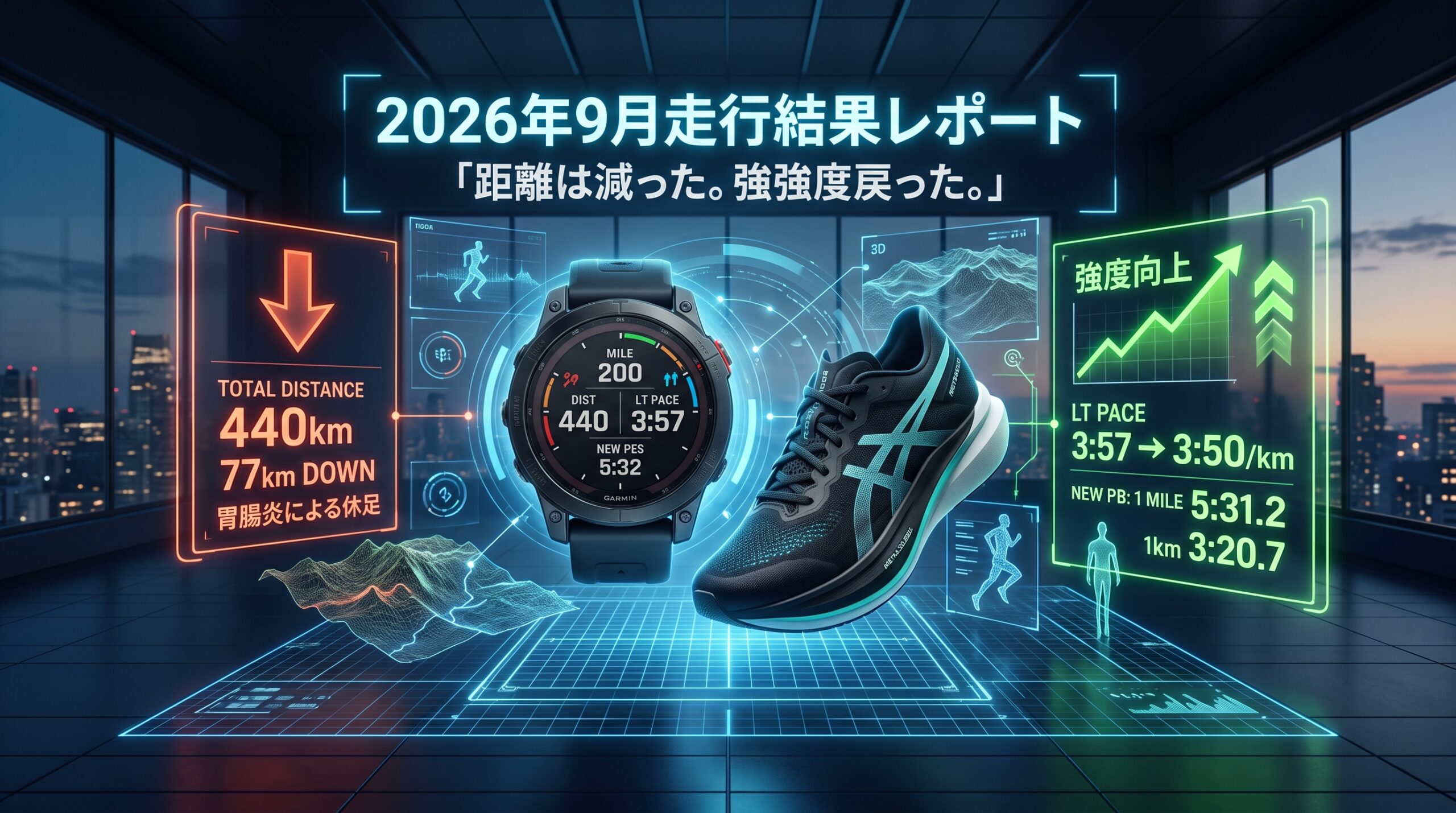 2026年9月の走行結果:440km——距離は77km減り、1マイル5:31とLT 3:47が戻った